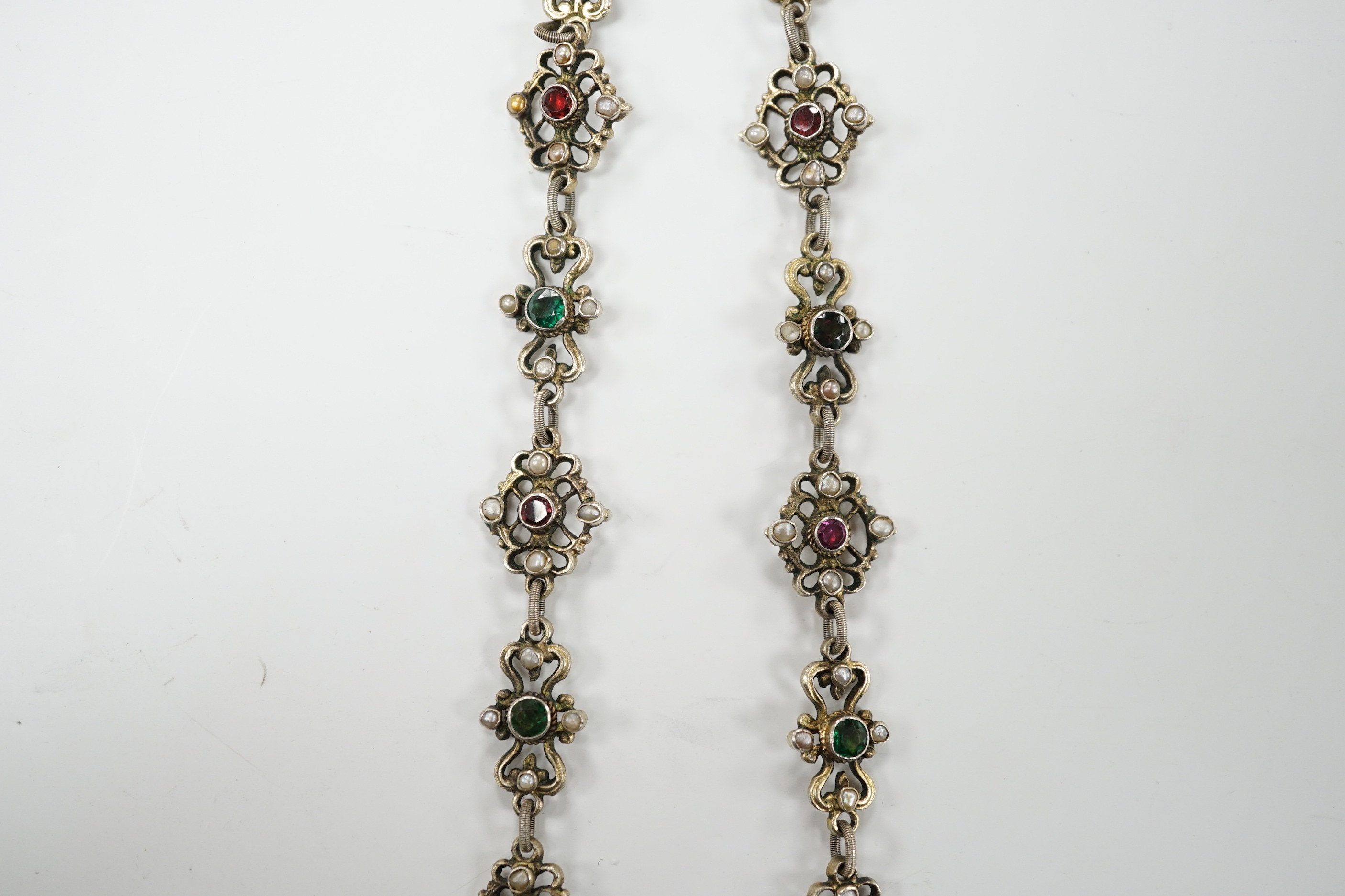 A 19th century Austro-Hungarian baroque pearl and gem set silver gilt necklace, 23cm